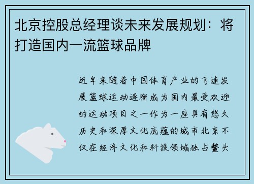 北京控股总经理谈未来发展规划：将打造国内一流篮球品牌