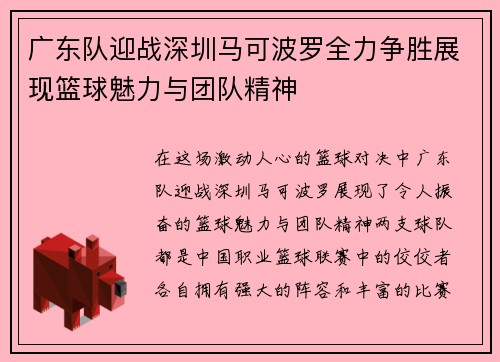 广东队迎战深圳马可波罗全力争胜展现篮球魅力与团队精神